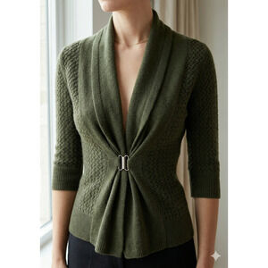 Neiman Marcus 100% Cashmere Cardigan M Olive Green 3/4 Sleeve Drape Clasp EUC